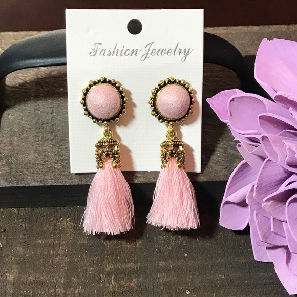 Vintage Velvet Ball Pink Fringed Drop Earring - Picture 2 of 4